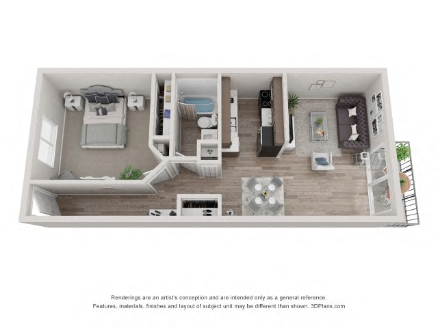Floor plan for 1 bed, 1 bath, 700 sqft